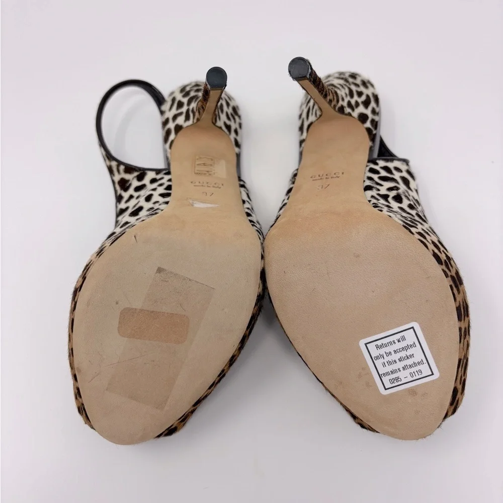 Gucci Sofia Leopard Print Calf Hair Platform Peep Toe Slingback Pumps Heels - Picture 7 of 10
